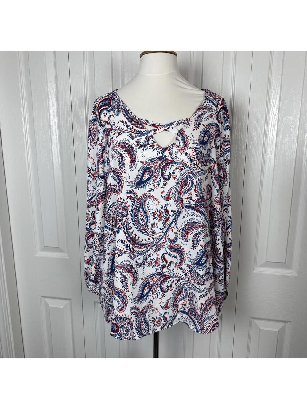 Chicos Blouse American Paisley Print Size 4 XXL Red White Blue 3/4 Sleeve NEW